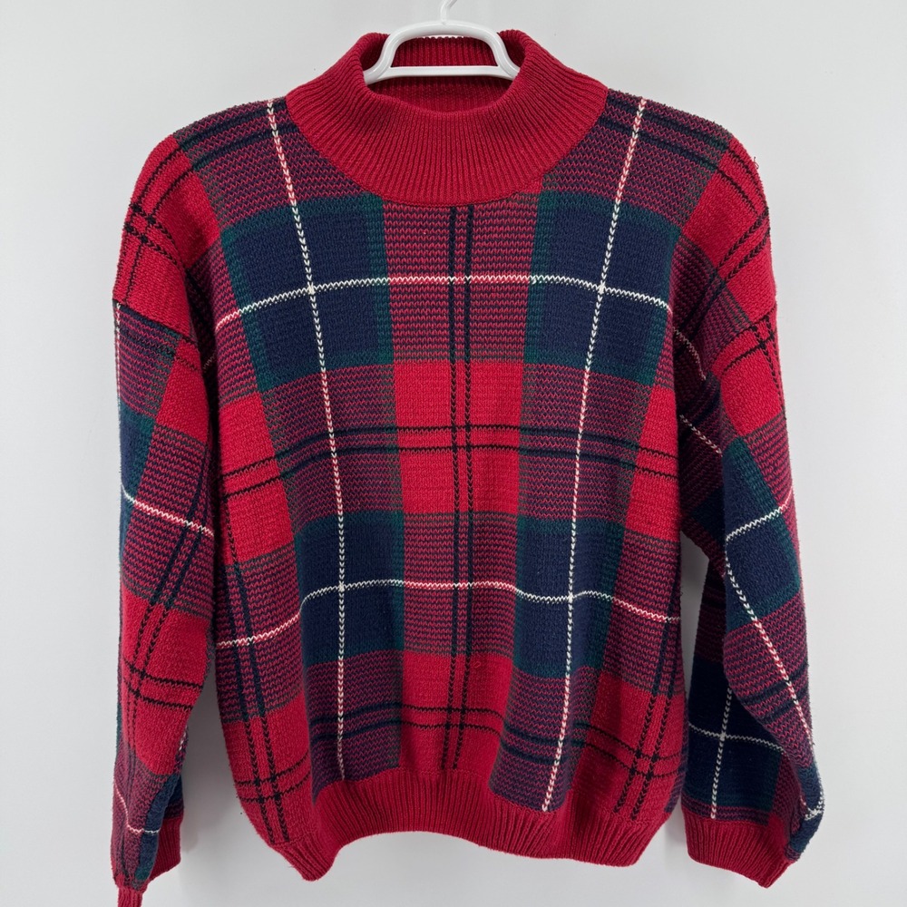 Vintage Boston Traders Holiday Sweater Womens L Red Plaid Mock Neck Cotton Knit